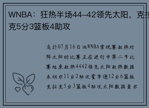 WNBA：狂热半场44-42领先太阳，克拉克5分3篮板4助攻